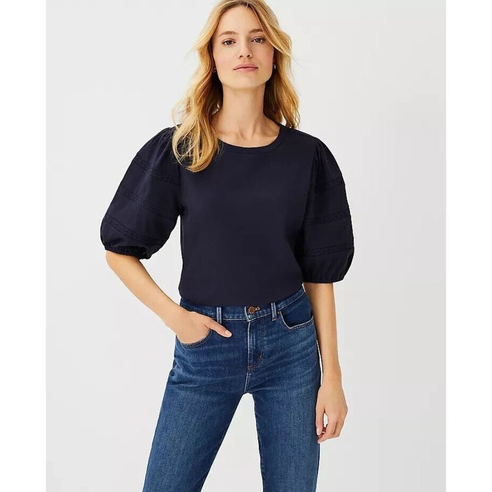 Ann Taylor Lace Trim Puff Sleeve Pima Cotton Top Navy XL